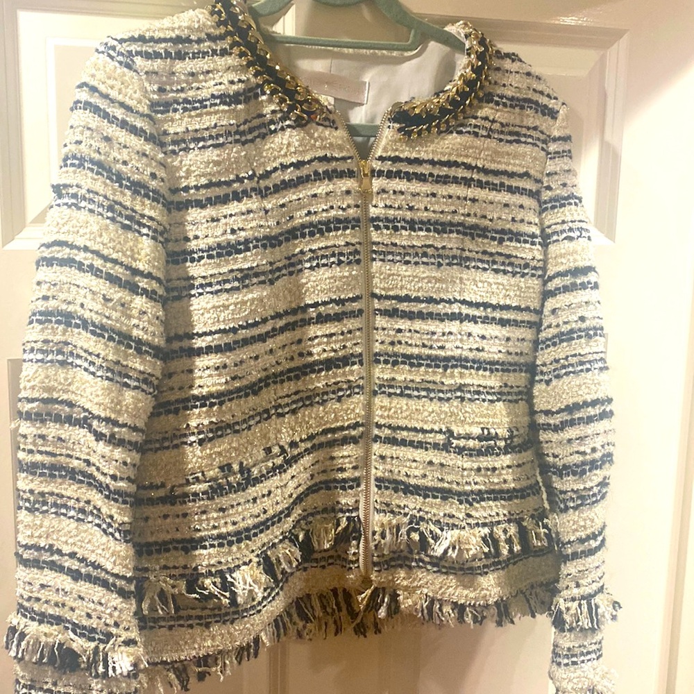 New Boston Proper black gold and white fringe tweed jacket gold chain size 6